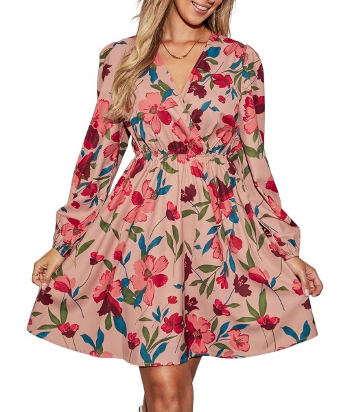 CUPSHE Women Floral Ruffle Summer Dress Surplice V Neck Long Peasant Sleeve Elastic Waist Flowy Casual Holiday Mini Dress