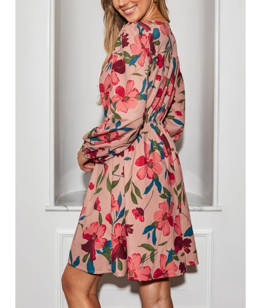CUPSHE Women Floral Ruffle Summer Dress Surplice V Neck Long Peasant Sleeve Elastic Waist Flowy Casual Holiday Mini Dress