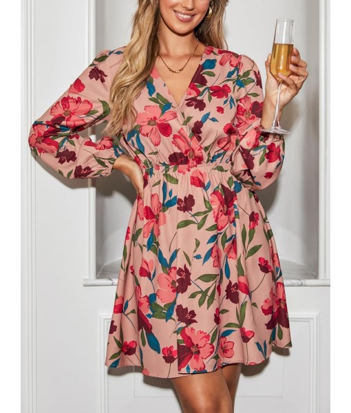 CUPSHE Women Floral Ruffle Summer Dress Surplice V Neck Long Peasant Sleeve Elastic Waist Flowy Casual Holiday Mini Dress