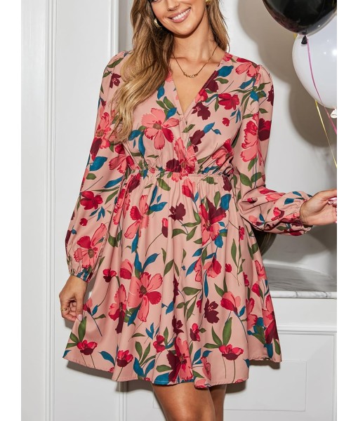 CUPSHE Women Floral Ruffle Summer Dress Surplice V Neck Long Peasant Sleeve Elastic Waist Flowy Casual Holiday Mini Dress