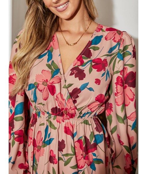 CUPSHE Women Floral Ruffle Summer Dress Surplice V Neck Long Peasant Sleeve Elastic Waist Flowy Casual Holiday Mini Dress