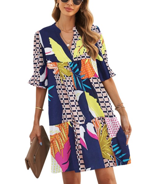 QACOHU Summer Dresses for Women V Neck Ruffle Short Sleeve Casual Shift Dress