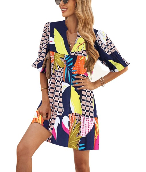 QACOHU Summer Dresses for Women V Neck Ruffle Short Sleeve Casual Shift Dress