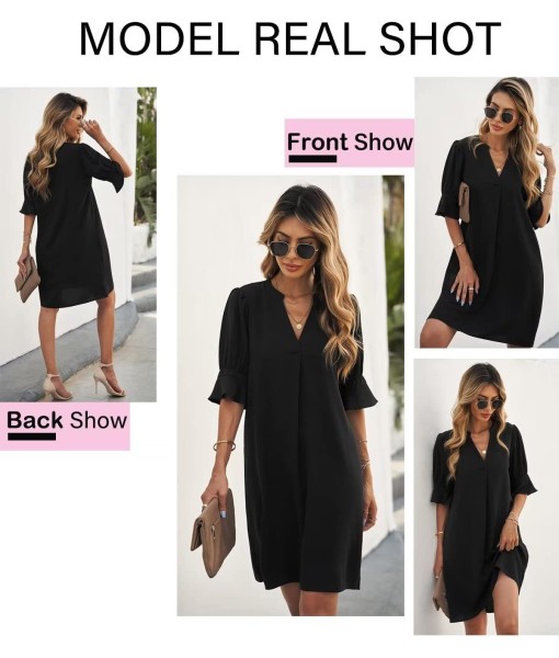 QACOHU Summer Dresses for Women V Neck Ruffle Short Sleeve Casual Shift Dress