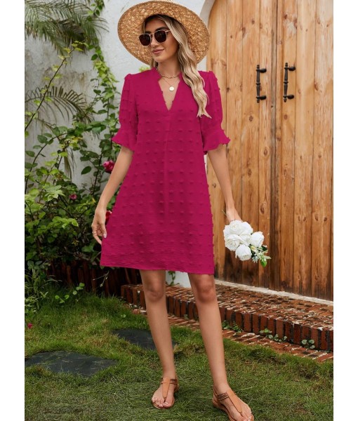 QACOHU Summer Dresses for Women V Neck Ruffle Short Sleeve Casual Shift Dress