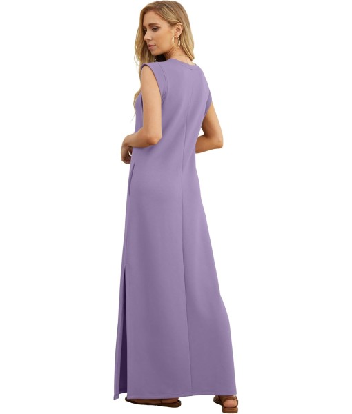 GRECERELLE 2025 Women Year-Round Casual Round Neck Loose Split Wrinkle-Free Long Maxi Vacation Dress with Pockets (XS-3XL)
