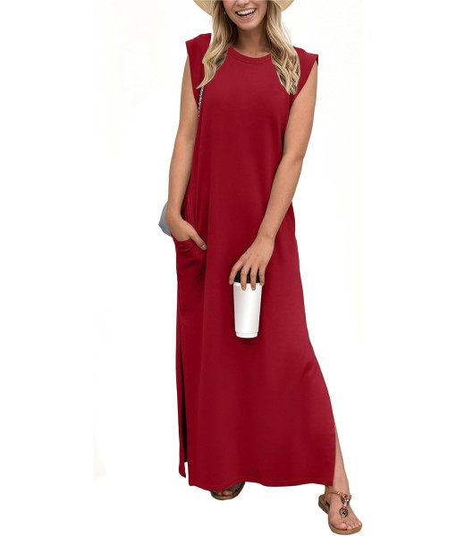 GRECERELLE 2025 Women Year-Round Casual Round Neck Loose Split Wrinkle-Free Long Maxi Vacation Dress with Pockets (XS-3XL)