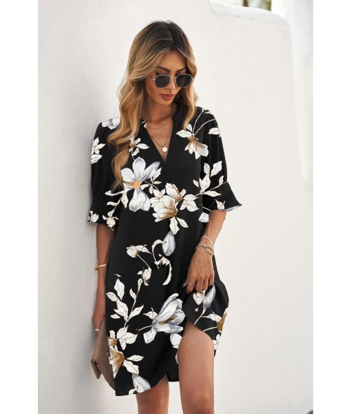QACOHU Summer Dresses for Women V Neck Ruffle Short Sleeve Casual Shift Dress