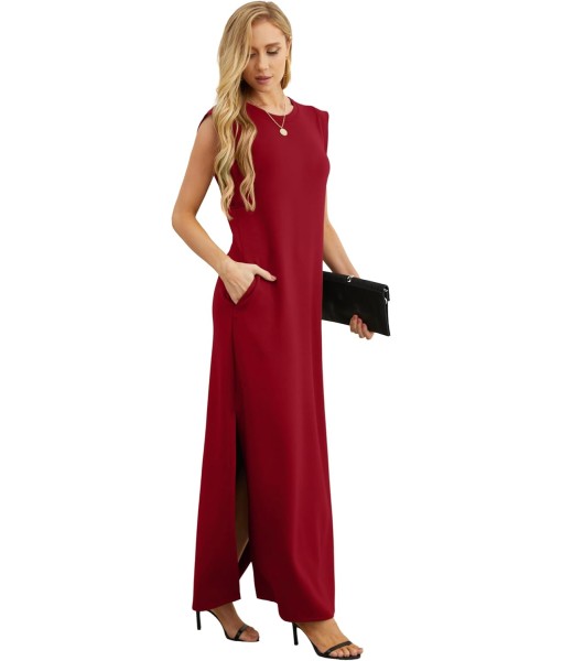 GRECERELLE 2025 Women Year-Round Casual Round Neck Loose Split Wrinkle-Free Long Maxi Vacation Dress with Pockets (XS-3XL)