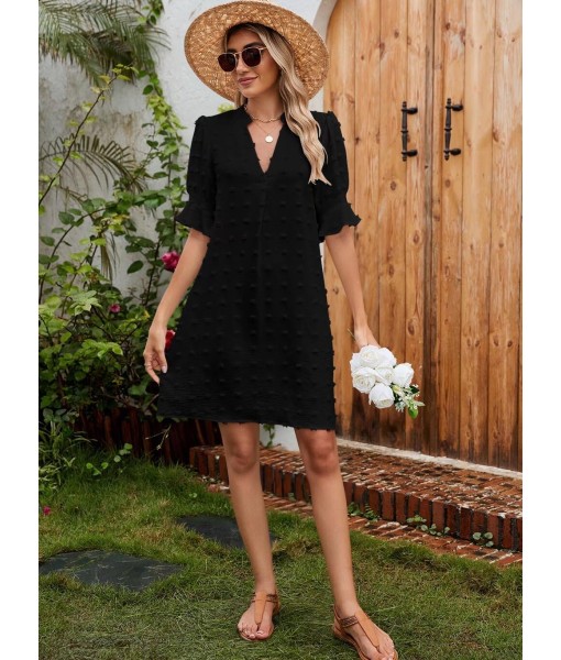 QACOHU Summer Dresses for Women V Neck Ruffle Short Sleeve Casual Shift Dress