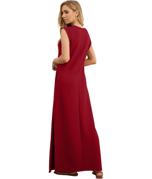 GRECERELLE 2025 Women Year-Round Casual Round Neck Loose Split Wrinkle-Free Long Maxi Vacation Dress with Pockets (XS-3XL)