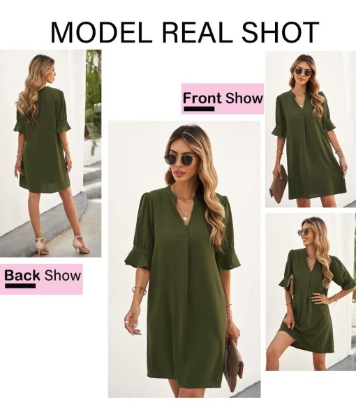 QACOHU Summer Dresses for Women V Neck Ruffle Short Sleeve Casual Shift Dress