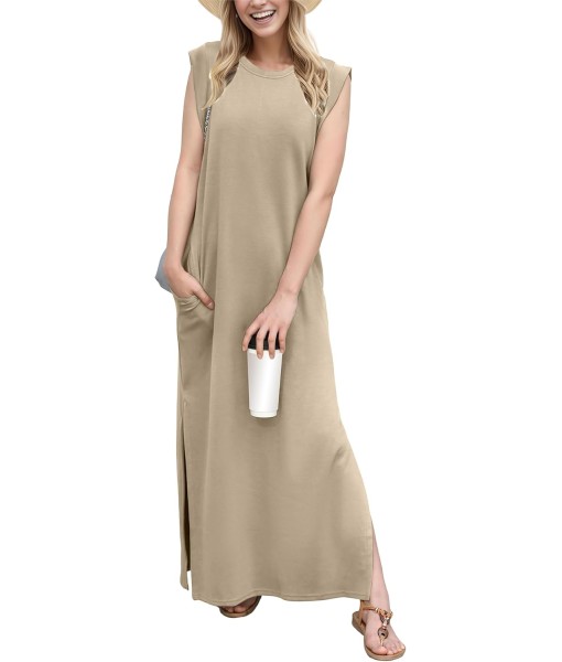 GRECERELLE 2025 Women Year-Round Casual Round Neck Loose Split Wrinkle-Free Long Maxi Vacation Dress with Pockets (XS-3XL)