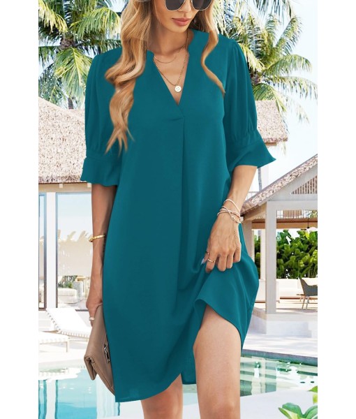 QACOHU Summer Dresses for Women V Neck Ruffle Short Sleeve Casual Shift Dress