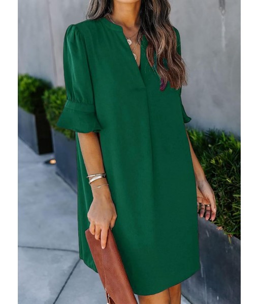 QACOHU Summer Dresses for Women V Neck Ruffle Short Sleeve Casual Shift Dress