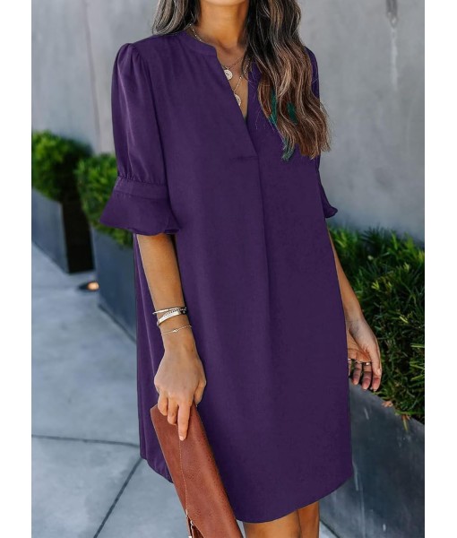 QACOHU Summer Dresses for Women V Neck Ruffle Short Sleeve Casual Shift Dress