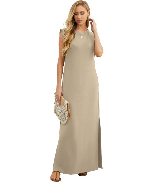 GRECERELLE 2025 Women Year-Round Casual Round Neck Loose Split Wrinkle-Free Long Maxi Vacation Dress with Pockets (XS-3XL)