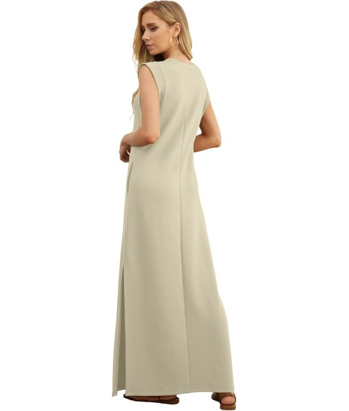 GRECERELLE 2025 Women Year-Round Casual Round Neck Loose Split Wrinkle-Free Long Maxi Vacation Dress with Pockets (XS-3XL)