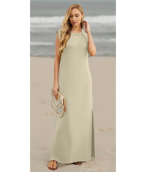 GRECERELLE 2025 Women Year-Round Casual Round Neck Loose Split Wrinkle-Free Long Maxi Vacation Dress with Pockets (XS-3XL)