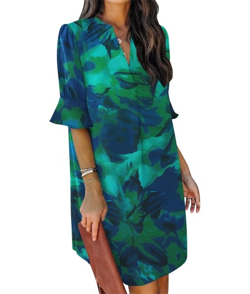 QACOHU Summer Dresses for Women V Neck Ruffle Short Sleeve Casual Shift Dress