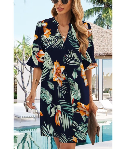 QACOHU Summer Dresses for Women V Neck Ruffle Short Sleeve Casual Shift Dress