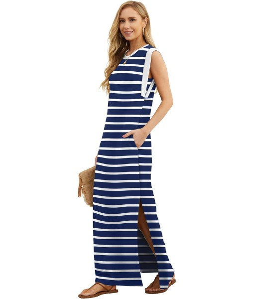 GRECERELLE 2025 Women Year-Round Casual Round Neck Loose Split Wrinkle-Free Long Maxi Vacation Dress with Pockets (XS-3XL)