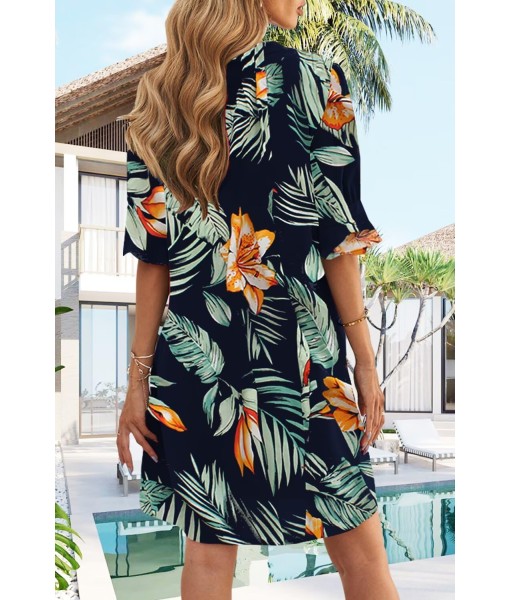 QACOHU Summer Dresses for Women V Neck Ruffle Short Sleeve Casual Shift Dress