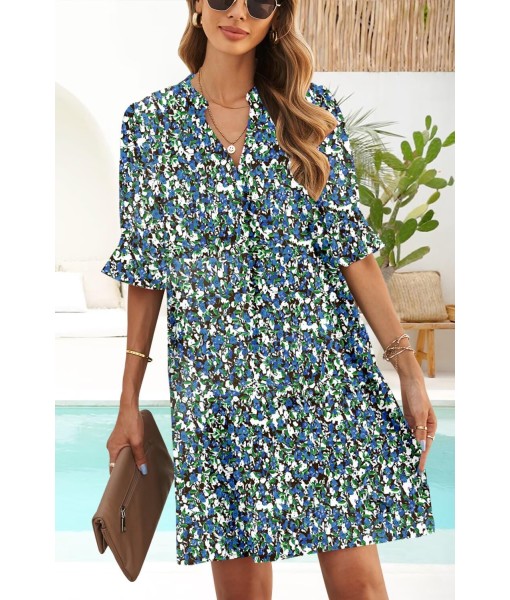QACOHU Summer Dresses for Women V Neck Ruffle Short Sleeve Casual Shift Dress