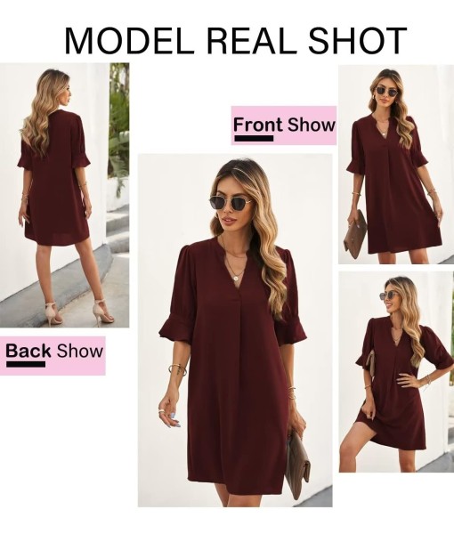 QACOHU Summer Dresses for Women V Neck Ruffle Short Sleeve Casual Shift Dress