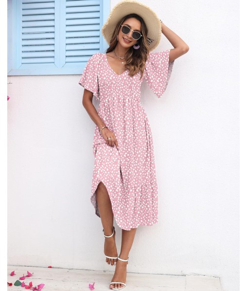 AUSELILY Women's Summer Empire Waist Dress Smocked Flutter Short Sleeve V Neck Midi Dresses 2025 New