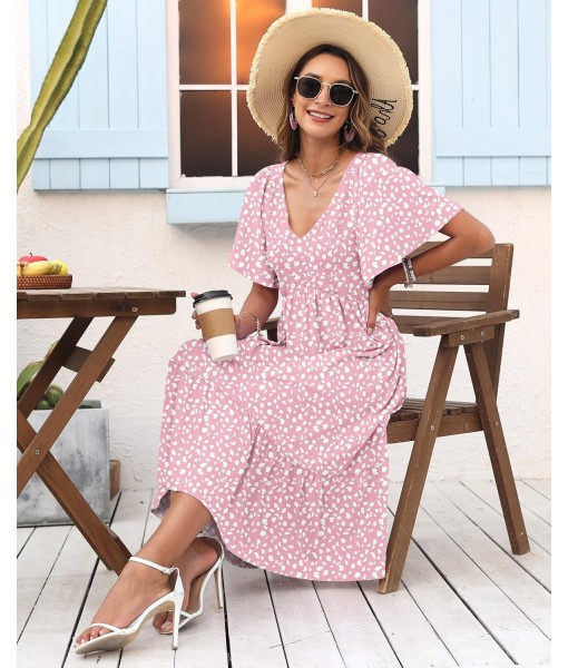 AUSELILY Women's Summer Empire Waist Dress Smocked Flutter Short Sleeve V Neck Midi Dresses 2025 New