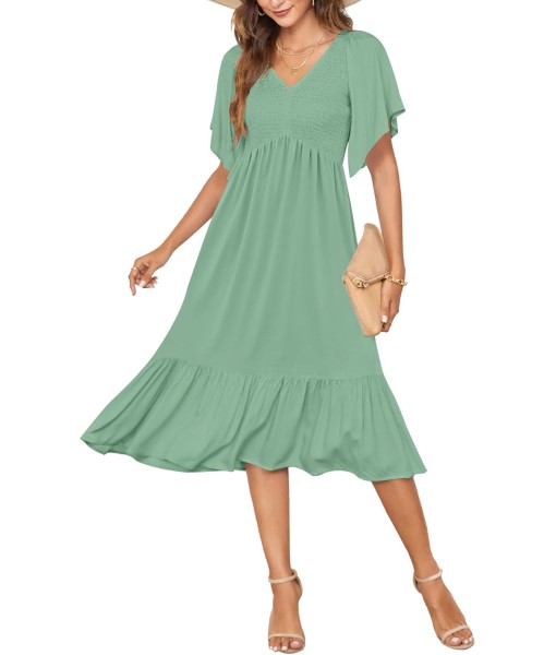 AUSELILY Women's Summer Empire Waist Dress Smocked Flutter Short Sleeve V Neck Midi Dresses 2025 New