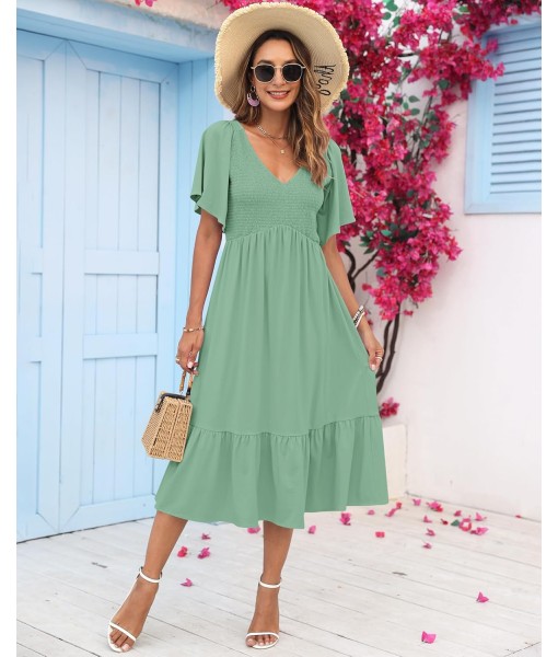 AUSELILY Women's Summer Empire Waist Dress Smocked Flutter Short Sleeve V Neck Midi Dresses 2025 New
