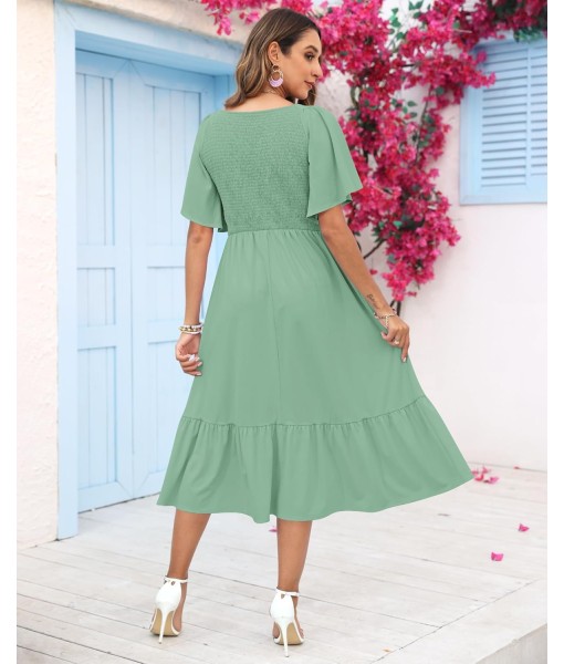 AUSELILY Women's Summer Empire Waist Dress Smocked Flutter Short Sleeve V Neck Midi Dresses 2025 New
