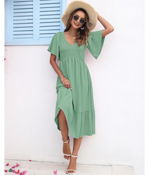 AUSELILY Women's Summer Empire Waist Dress Smocked Flutter Short Sleeve V Neck Midi Dresses 2025 New