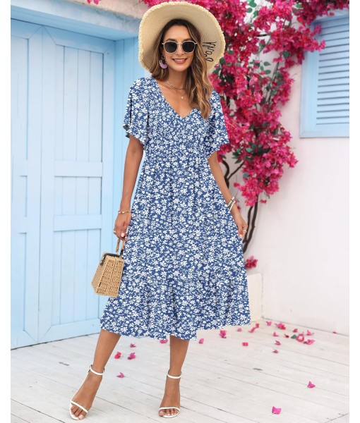 AUSELILY Women's Summer Empire Waist Dress Smocked Flutter Short Sleeve V Neck Midi Dresses 2025 New