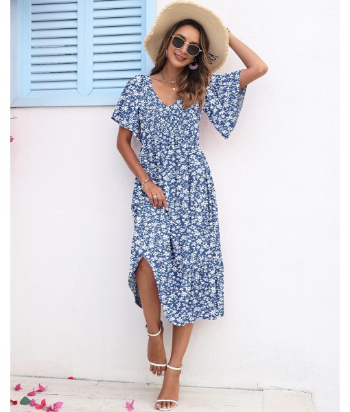 AUSELILY Women's Summer Empire Waist Dress Smocked Flutter Short Sleeve V Neck Midi Dresses 2025 New