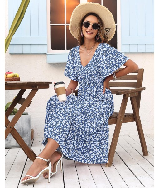 AUSELILY Women's Summer Empire Waist Dress Smocked Flutter Short Sleeve V Neck Midi Dresses 2025 New