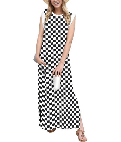 GRECERELLE 2025 Women Year-Round Casual Round Neck Loose Split Wrinkle-Free Long Maxi Vacation Dress with Pockets (XS-3XL)