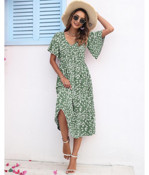 AUSELILY Women's Summer Empire Waist Dress Smocked Flutter Short Sleeve V Neck Midi Dresses 2025 New