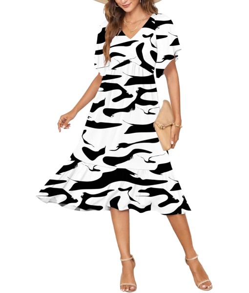 AUSELILY Women's Summer Empire Waist Dress Smocked Flutter Short Sleeve V Neck Midi Dresses 2025 New