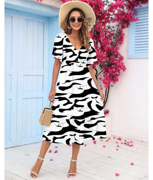 AUSELILY Women's Summer Empire Waist Dress Smocked Flutter Short Sleeve V Neck Midi Dresses 2025 New