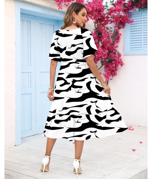 AUSELILY Women's Summer Empire Waist Dress Smocked Flutter Short Sleeve V Neck Midi Dresses 2025 New