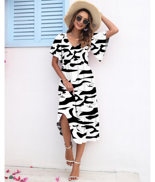 AUSELILY Women's Summer Empire Waist Dress Smocked Flutter Short Sleeve V Neck Midi Dresses 2025 New