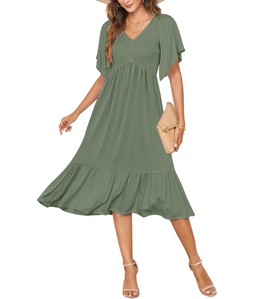 AUSELILY Women's Summer Empire Waist Dress Smocked Flutter Short Sleeve V Neck Midi Dresses 2025 New