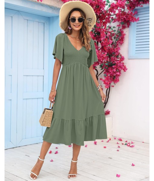 AUSELILY Women's Summer Empire Waist Dress Smocked Flutter Short Sleeve V Neck Midi Dresses 2025 New