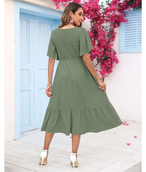 AUSELILY Women's Summer Empire Waist Dress Smocked Flutter Short Sleeve V Neck Midi Dresses 2025 New