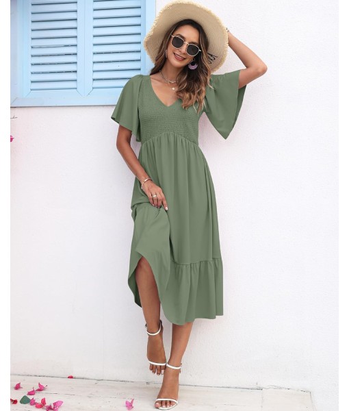AUSELILY Women's Summer Empire Waist Dress Smocked Flutter Short Sleeve V Neck Midi Dresses 2025 New