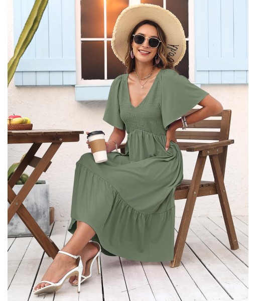 AUSELILY Women's Summer Empire Waist Dress Smocked Flutter Short Sleeve V Neck Midi Dresses 2025 New
