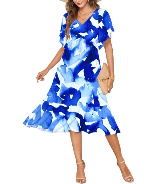 AUSELILY Women's Summer Empire Waist Dress Smocked Flutter Short Sleeve V Neck Midi Dresses 2025 New